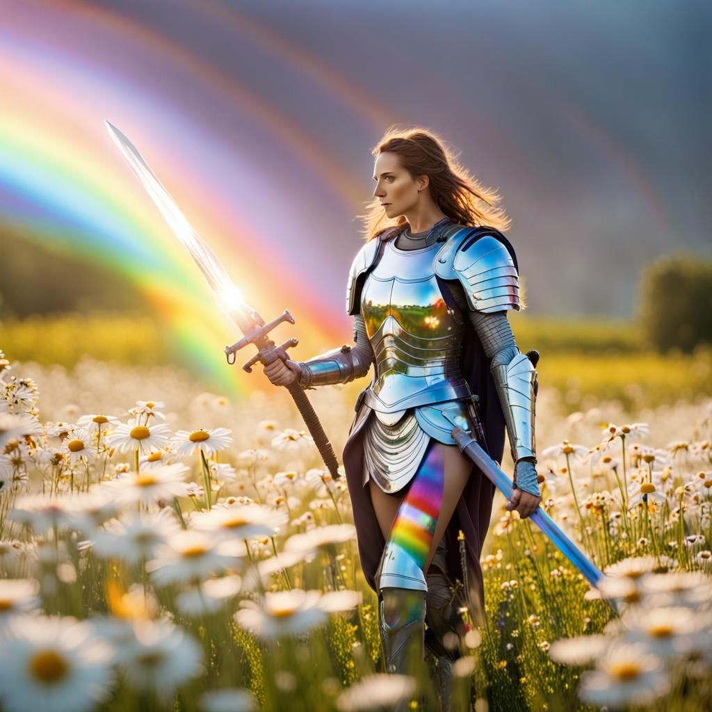 A female warrior wears a chrome armor, carries a sword from which a rainbow starts, she is in the middle of a field of d...