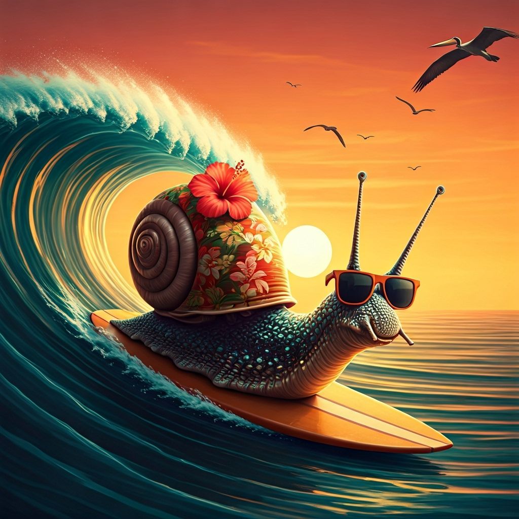 Surfing Snail Rides Wave at Sunset, Whimsical Art