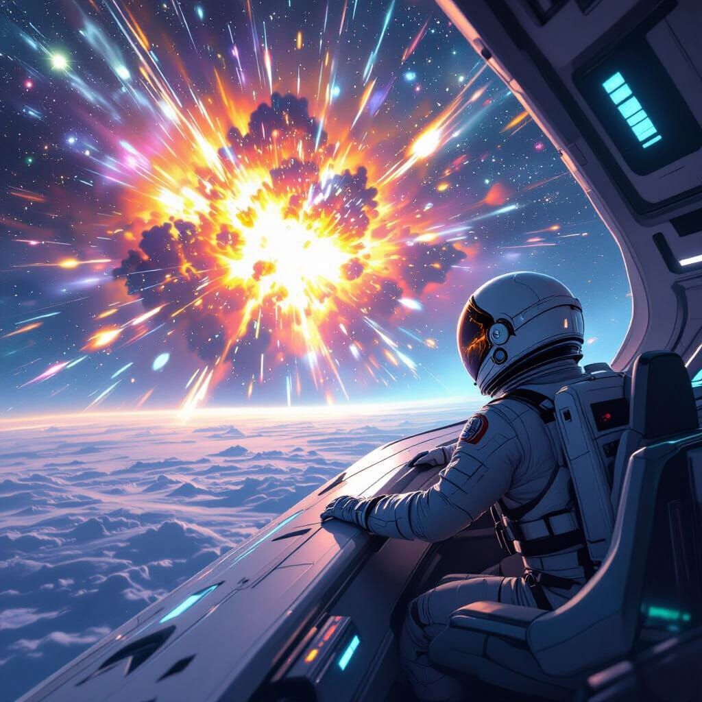 Astronaut Witnessing Supernova in Sleek Starship