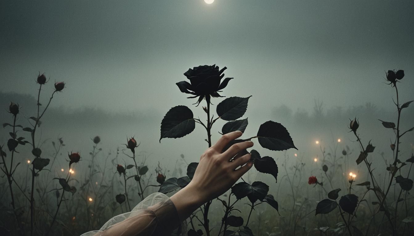 Hand Plucking Black Rose in Misty Meadow