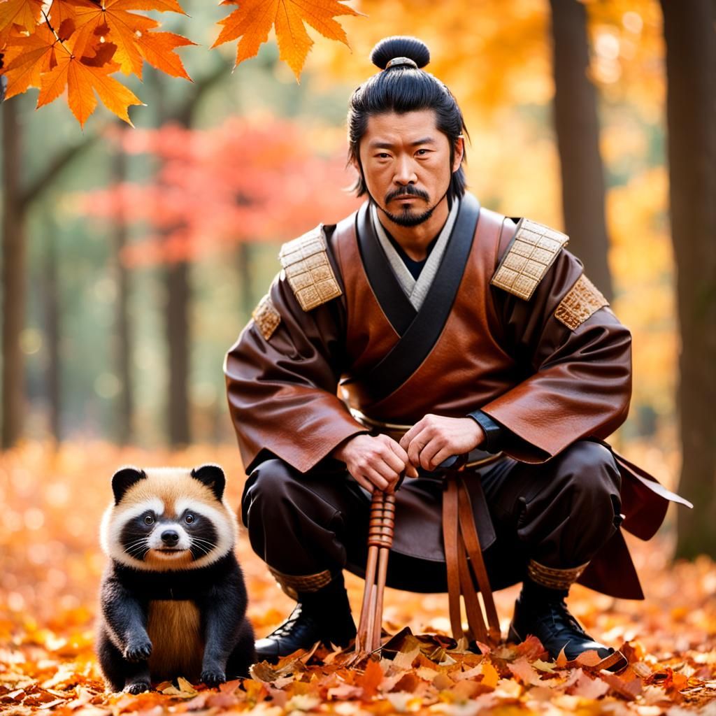 Samurai and Tanuki Guardian in Autumn Landscape