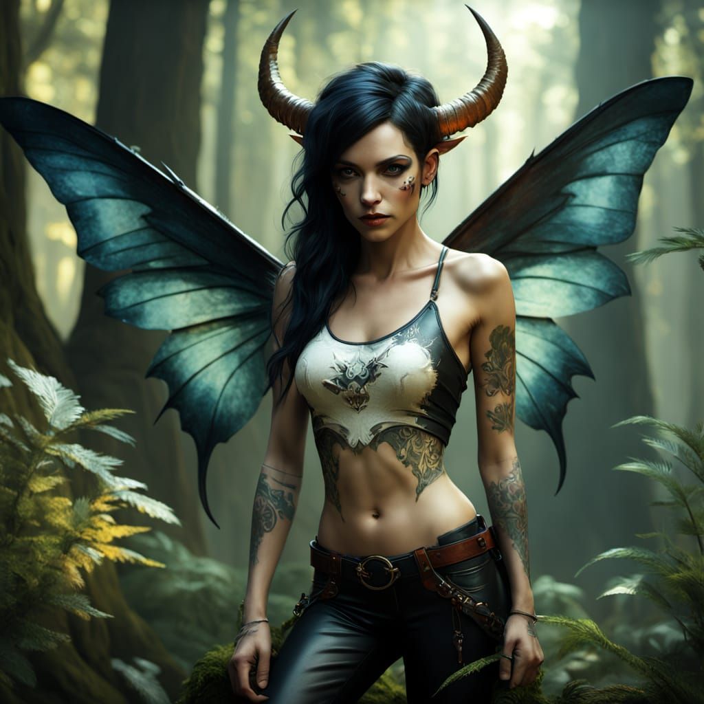 Realistic Tiefling Portrait: Dark Hair, Curved Horns, Tattoo...