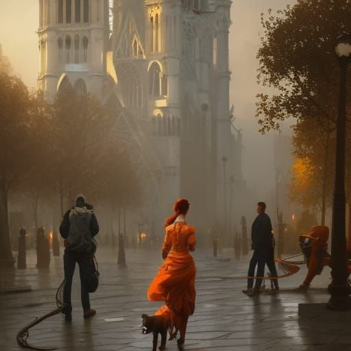 Parisian Dog Walk: Hyperdetailed Art Nouveau Scene