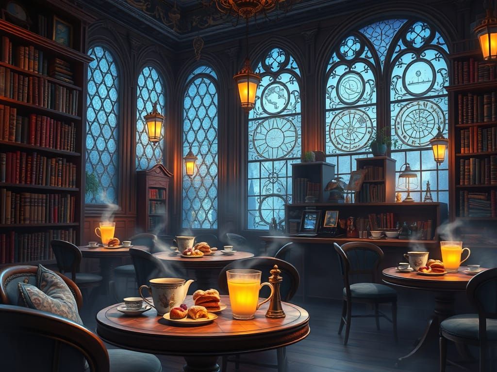 Enchanted Library Cafe with Floating Teacups