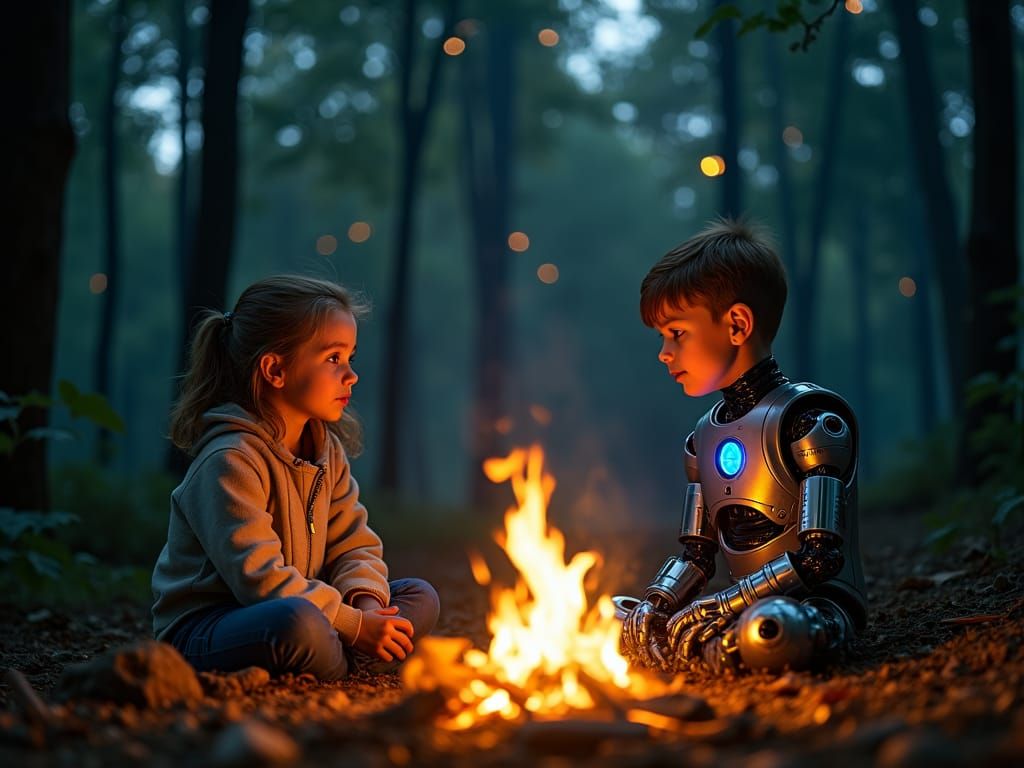 Girl and Cyborg Enjoying Campfire in Forest Night