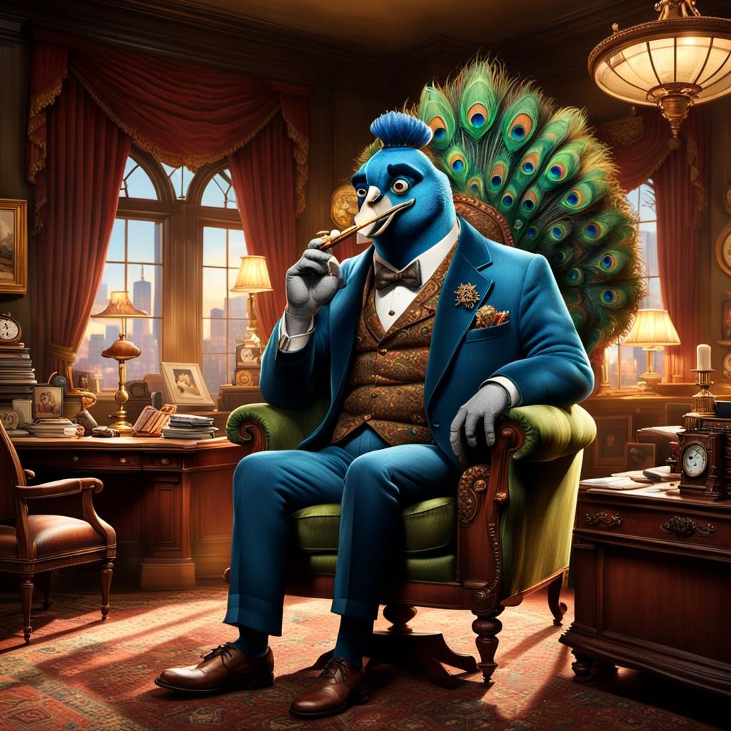 Pixar-Style Rich Character with Cigar in Eccentric Office