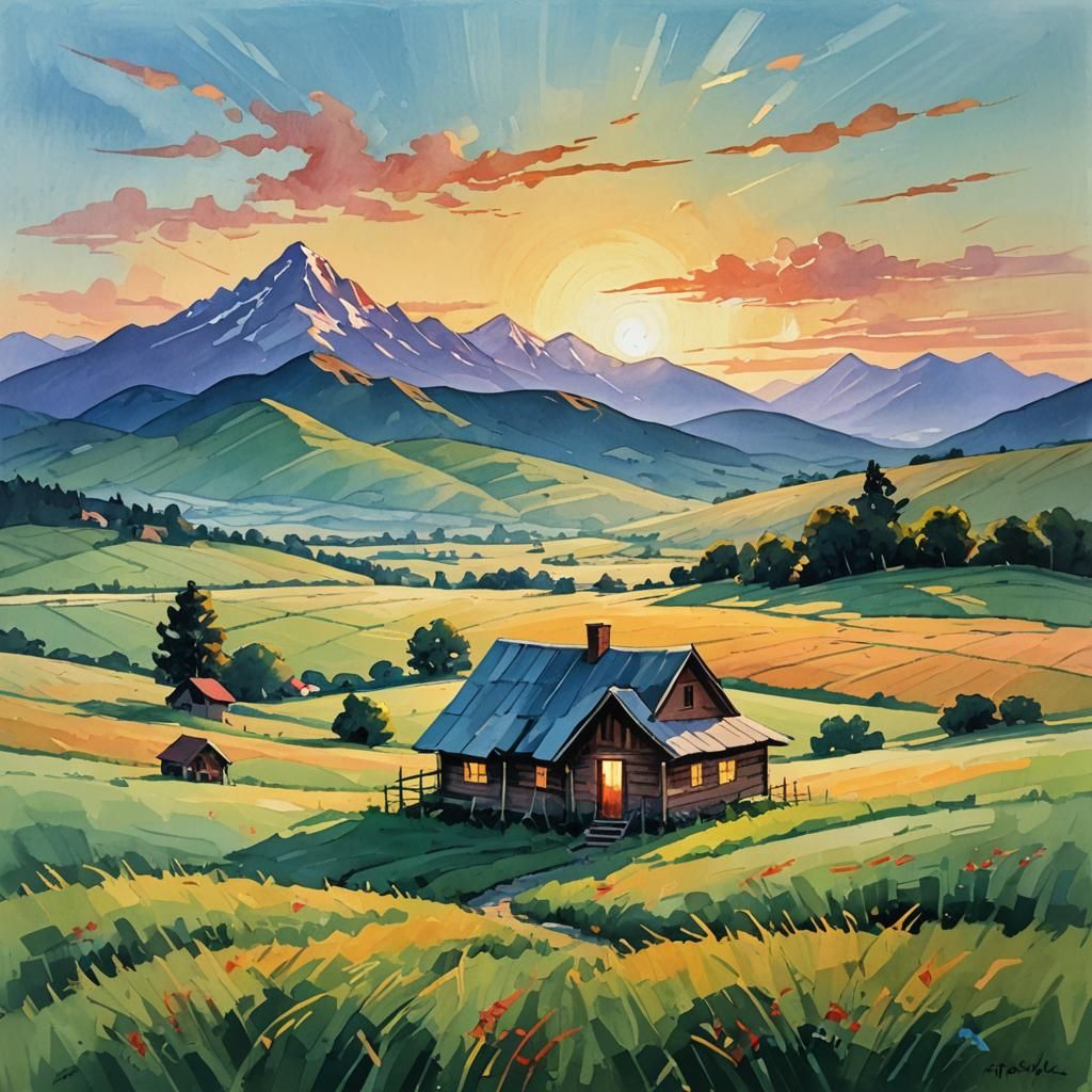 Cabin in Field: Gouache Impressionist Masterpiece