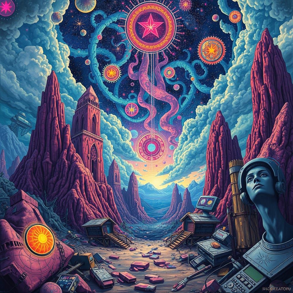 Surreal Mystic Cityscape in Vibrant Psychedelic Style