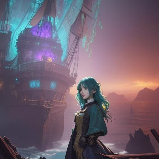 Anime Woman with Tentacles on Sunken Pirate Ship