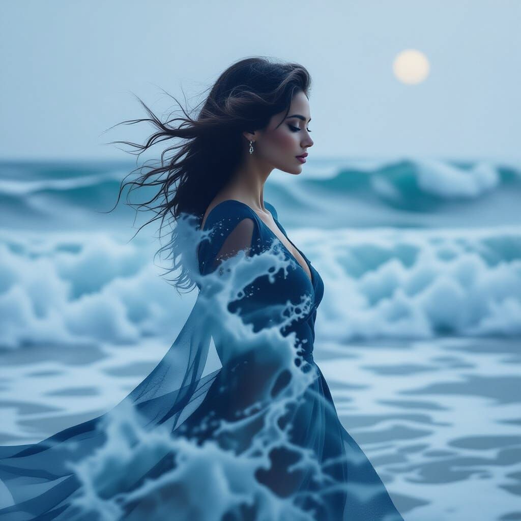 Elegant Silhouette Over Ocean Waves in Oil Painting Style