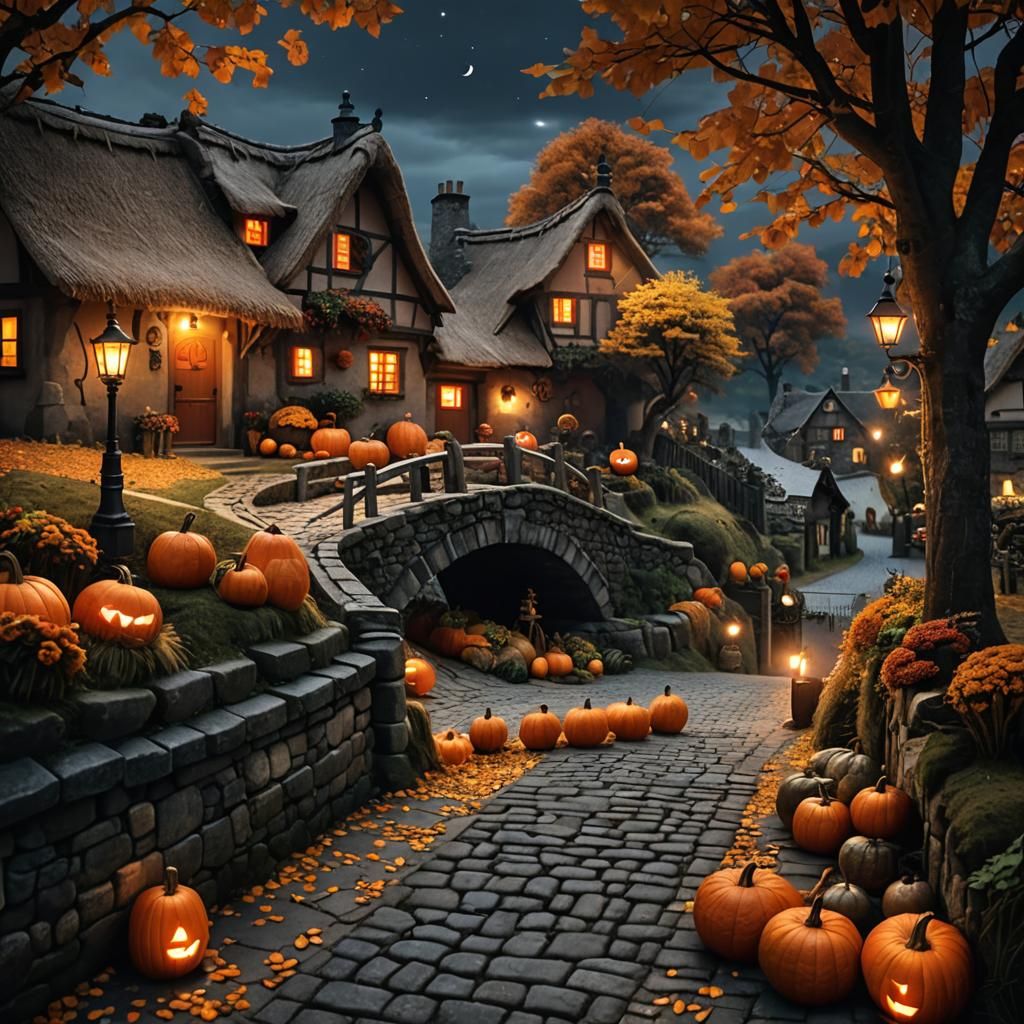 Autumn Village at Night: Hyper-Realistic Photography