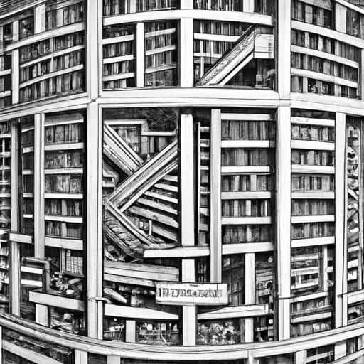 Escher-Inspired Infinite Library in Black and White