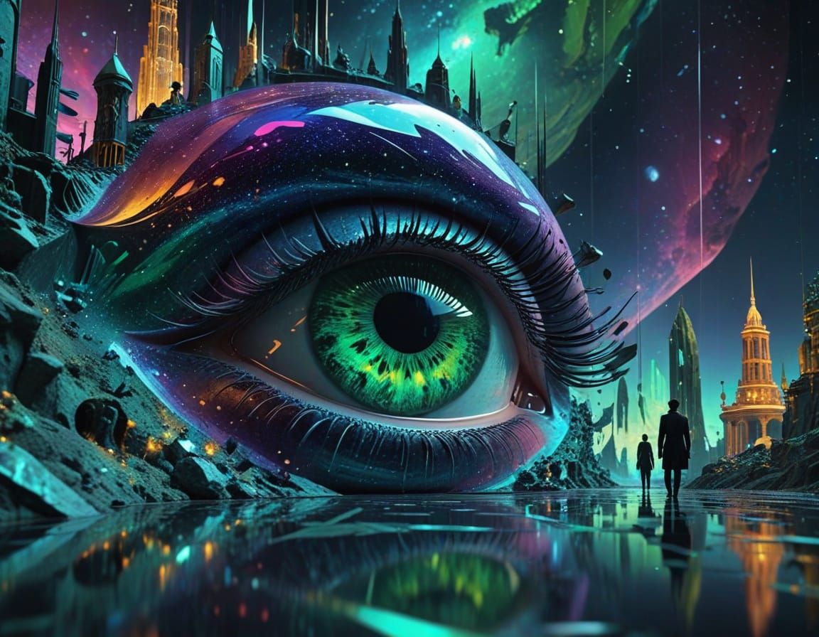 Cosmic Eye of Optomatron 2397 in Vibrant, Holographic Style