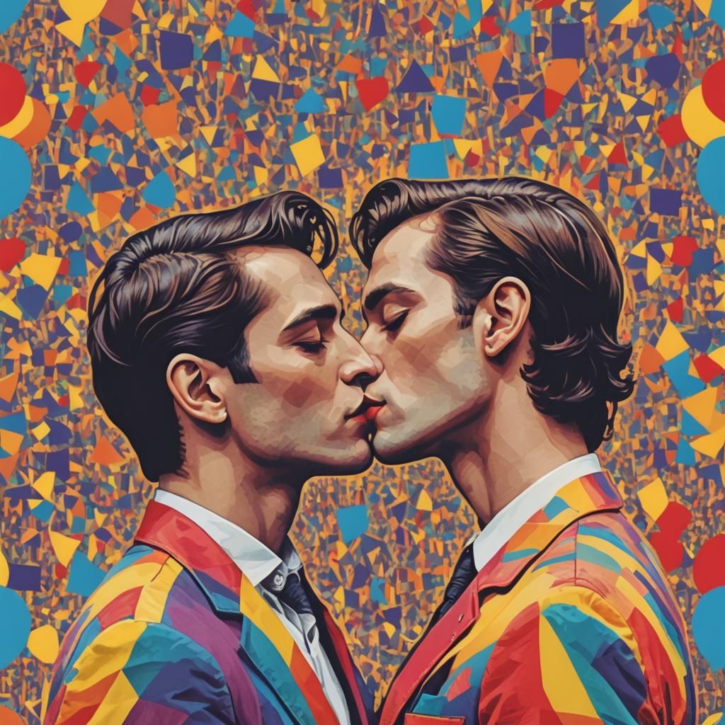 Gay Couple Kissing at LGBTQ Rights March in Pop Art