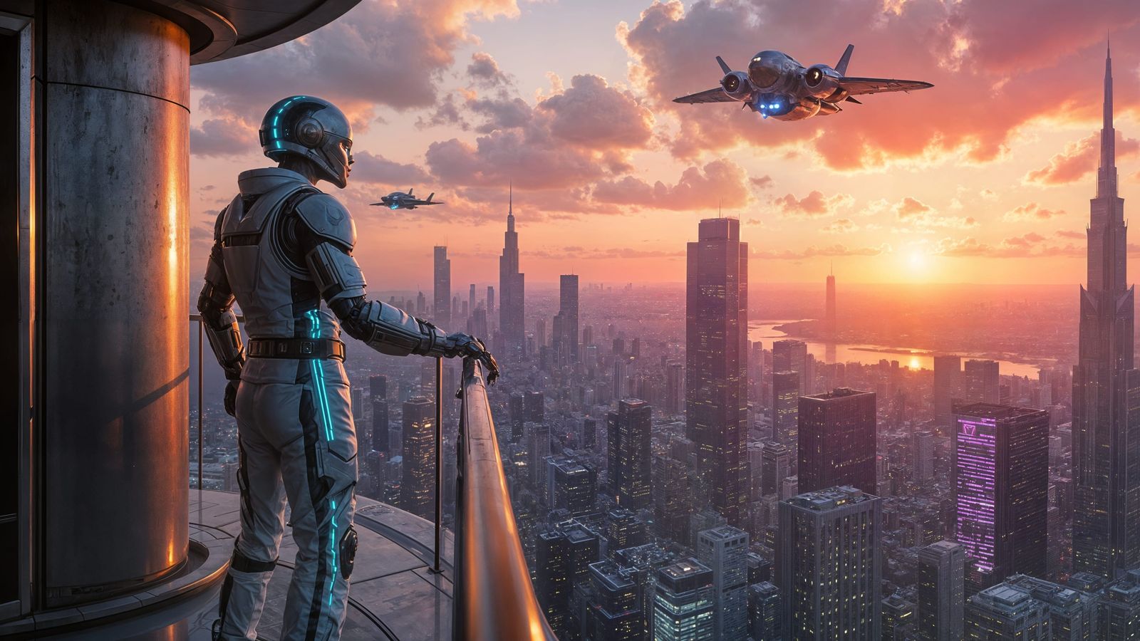 Android Standing on Futuristic Alien City Balcony at Sunset