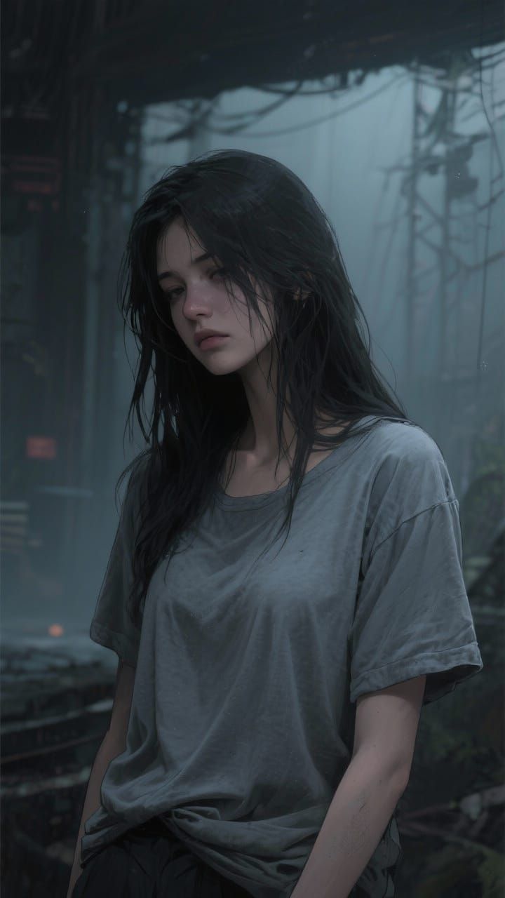 Introspective Woman in Gray T-Shirt: Cinematic Portrait