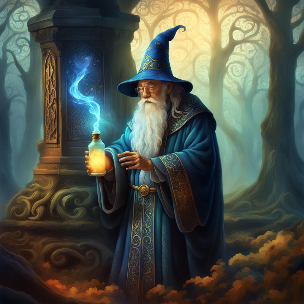 Wizard with Glowing Bottle in Digital Painting Style