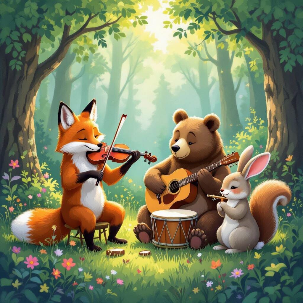 Whimsical Forest Animals Play Music in Storybook Style
