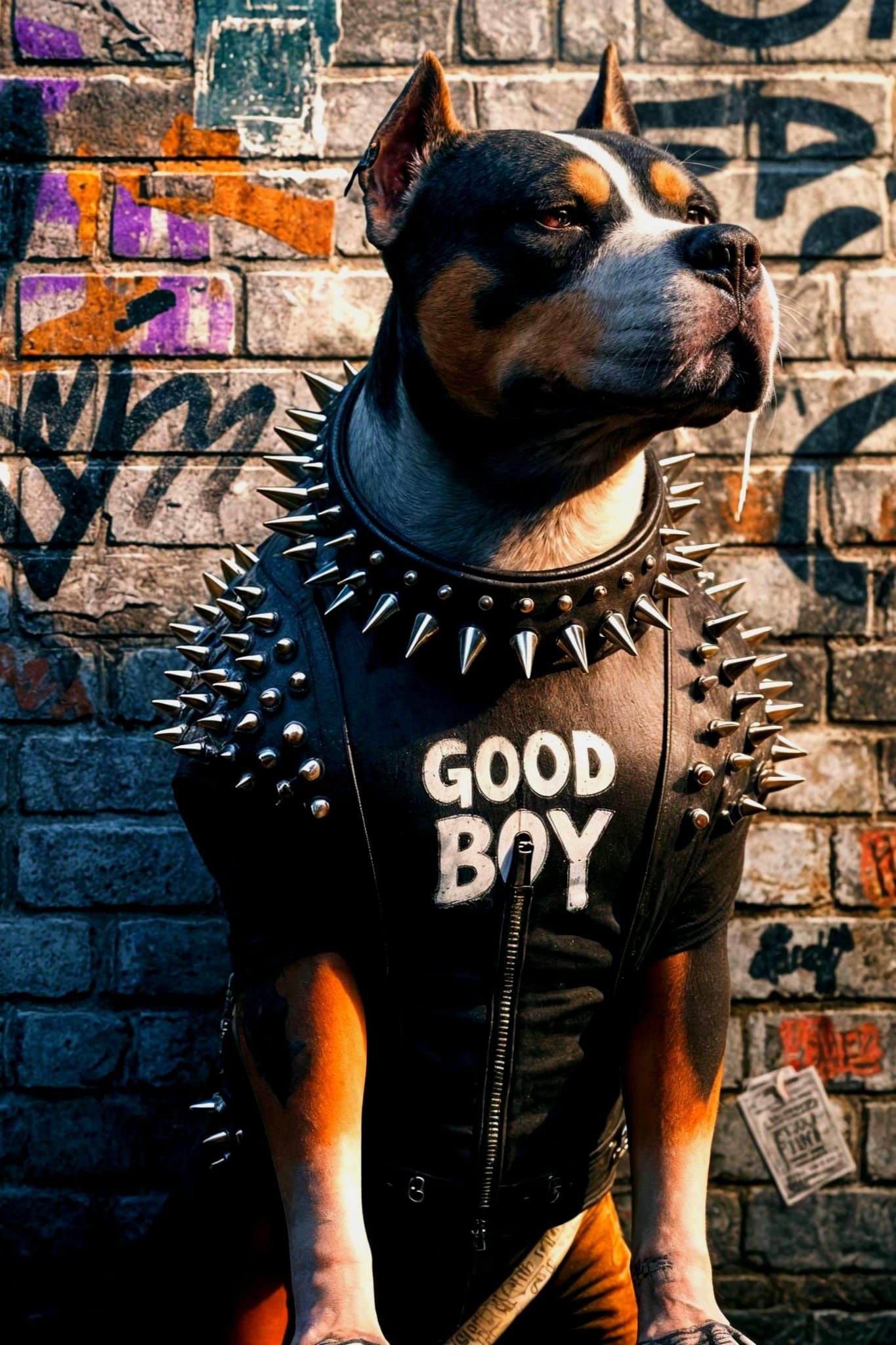 Tough Pitbull in Spiked Vest Against Graffiti Wall
