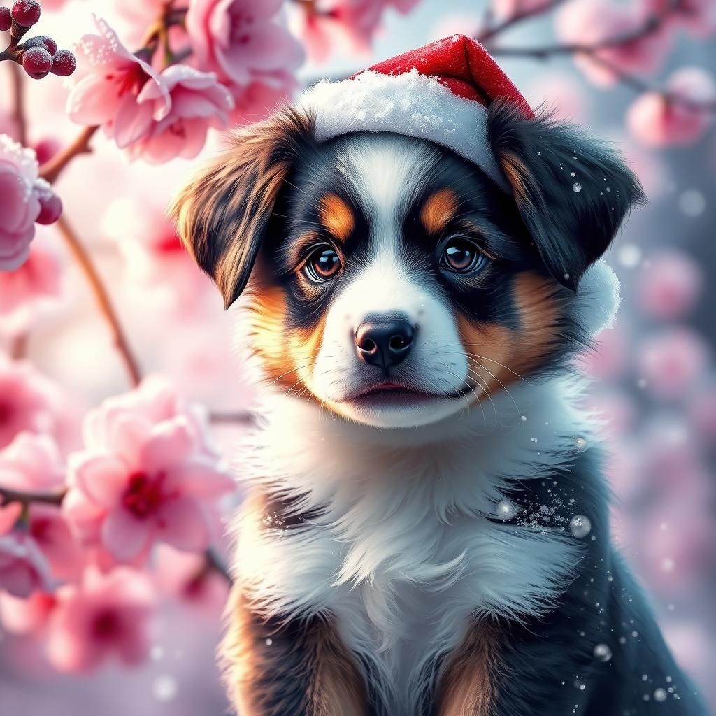 Adorable Puppy in Snow with Santa Hat