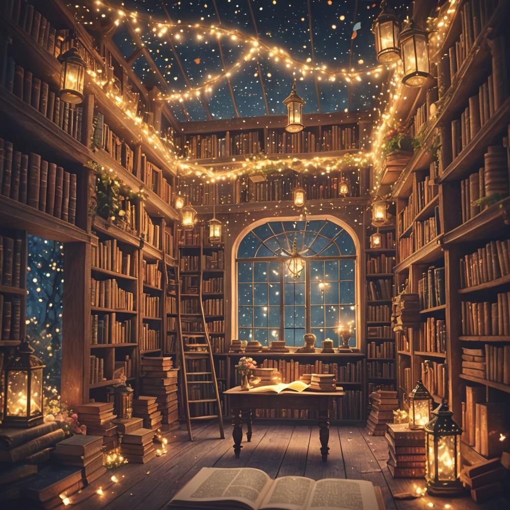 Enchanted Midnight Library with Magical Books