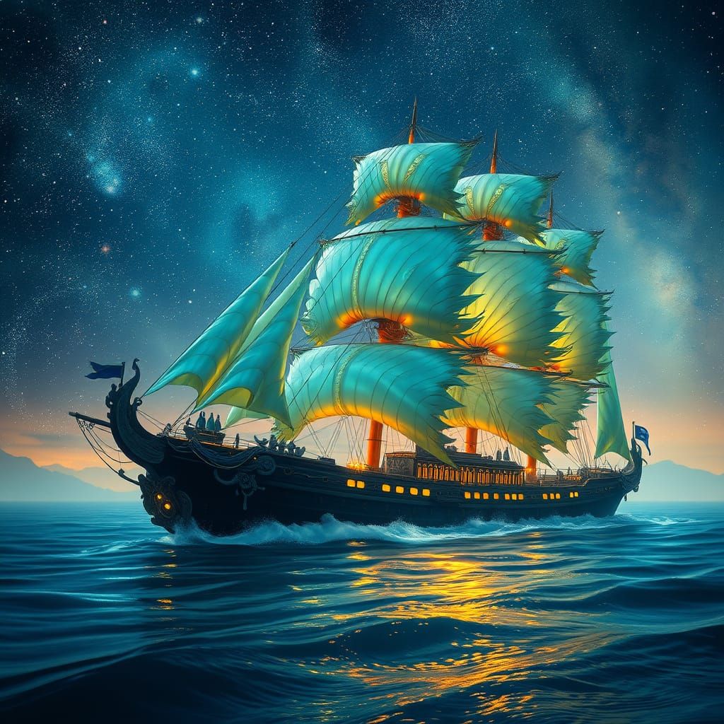 Cosmic Ghost Ship with Iridescent Feathers