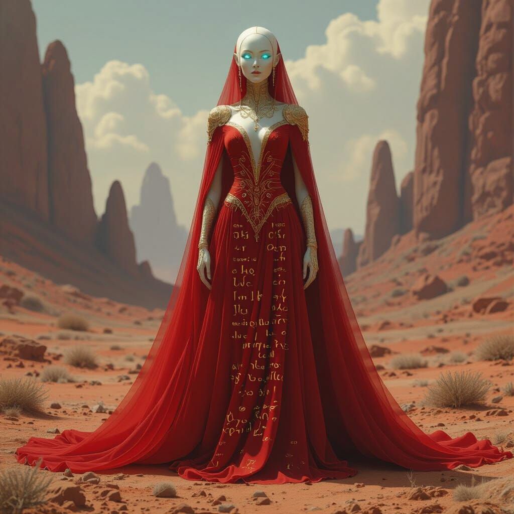 Humanoid in Solarpunk Landscape with Alien Script