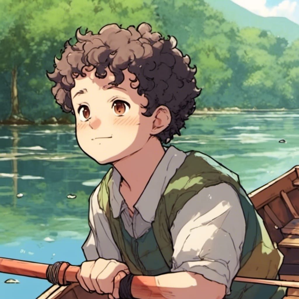 Anime Portrait of Character Rowing on Calm Lake
