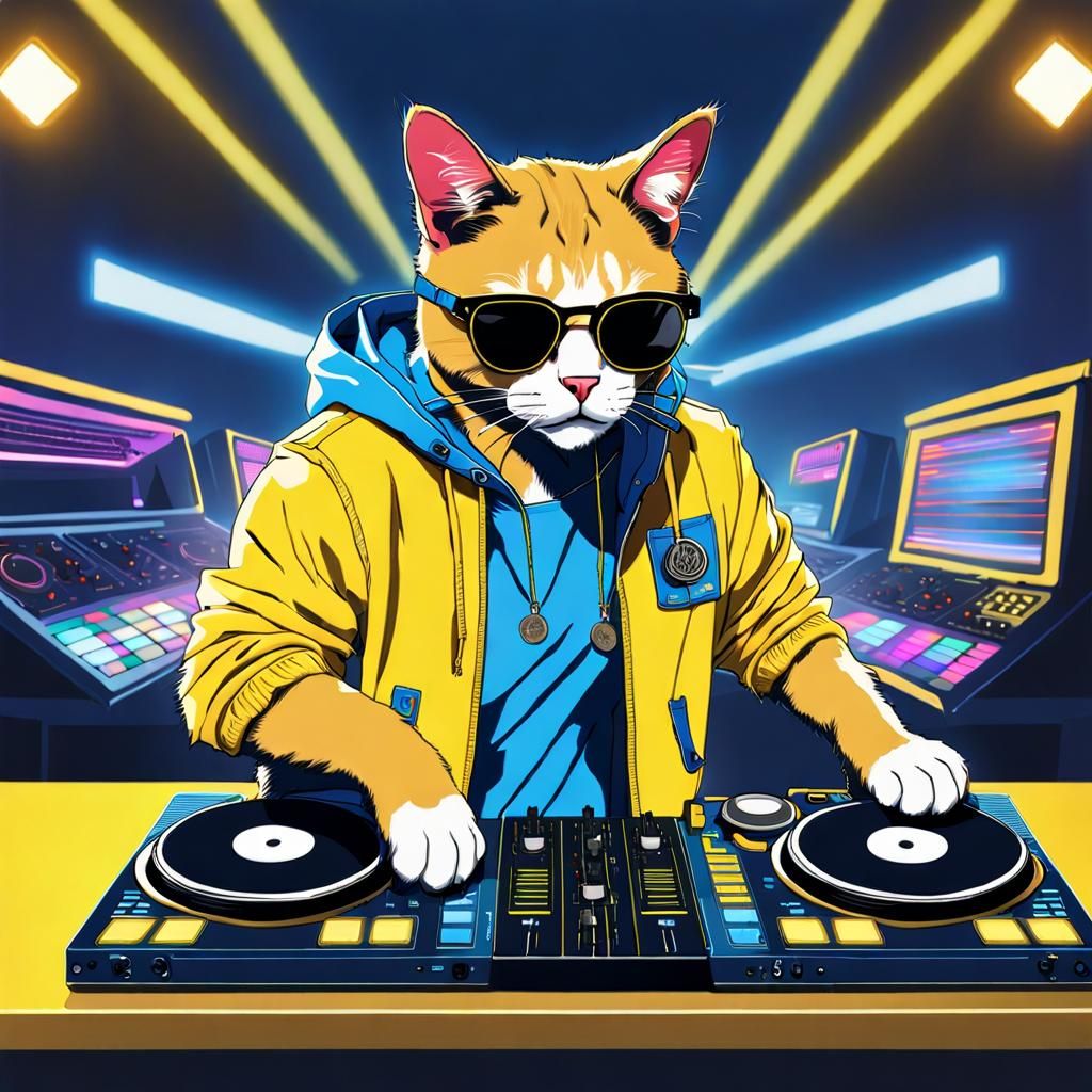 Cool Cat DJ Mixing Tracks in Neon Club