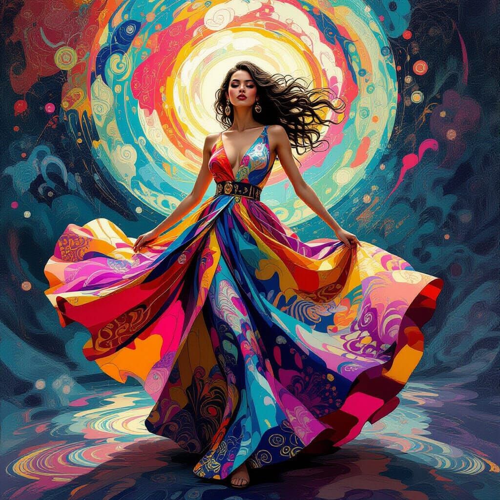 Psychedelic Lady in a Swirling Dreamscape