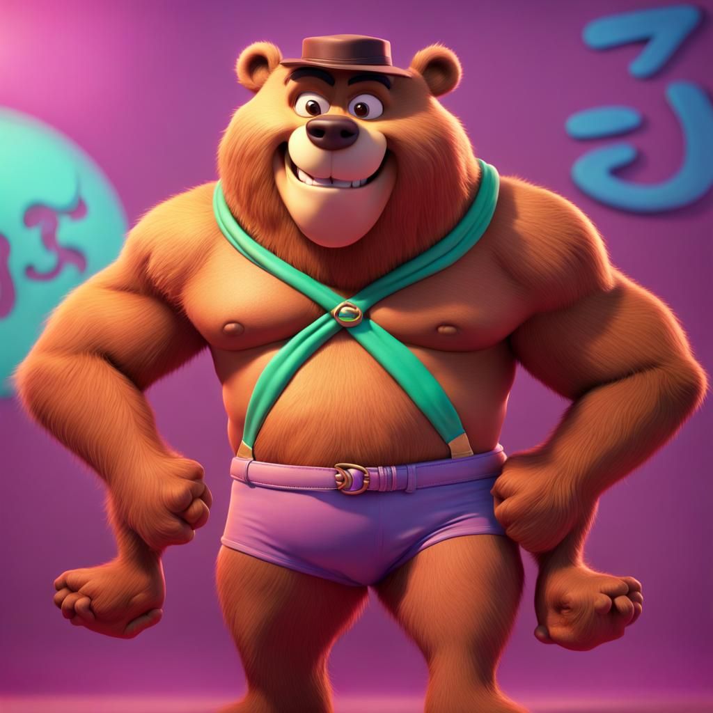 Muscular Yogi Bear in Speedo: Pixar-Style 3D Art