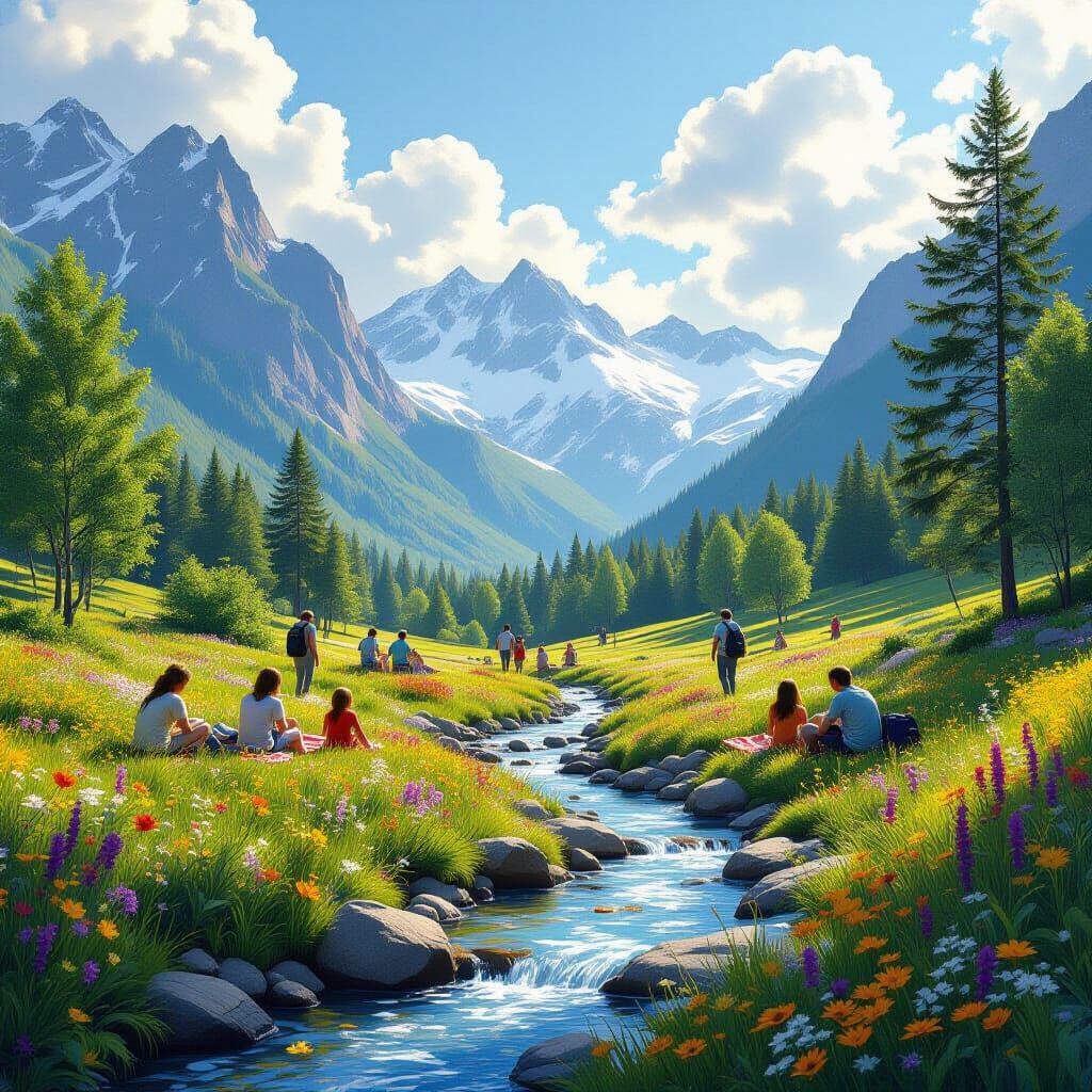 Picturesque Mountain Garden with Stream in Digital Painting