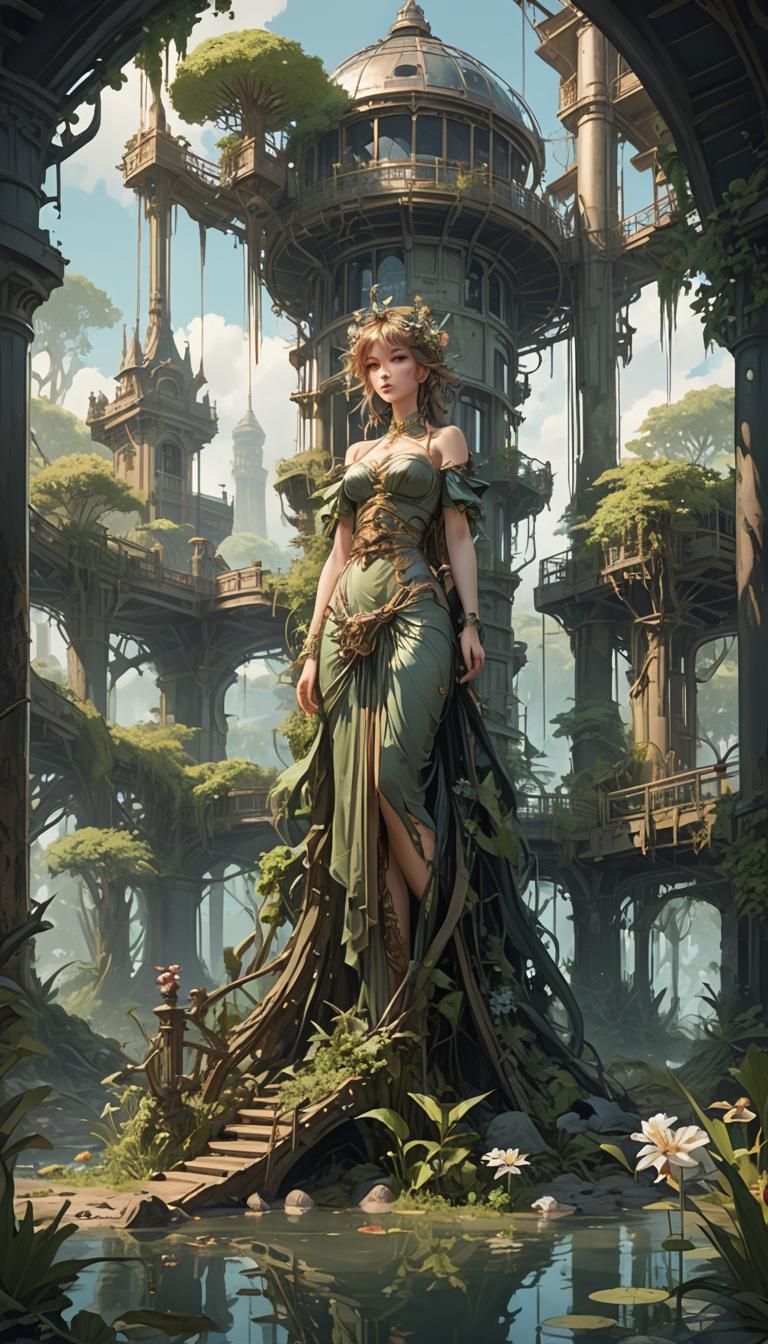 Air Tower in Swamp: Alphonse Mucha Style