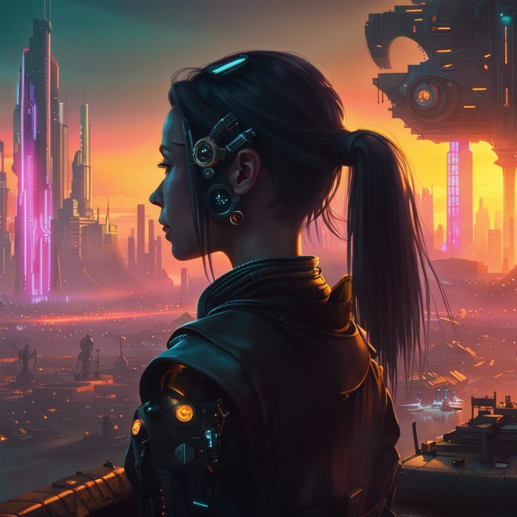 Cybernetic Girl Watches Steampunk Sunset