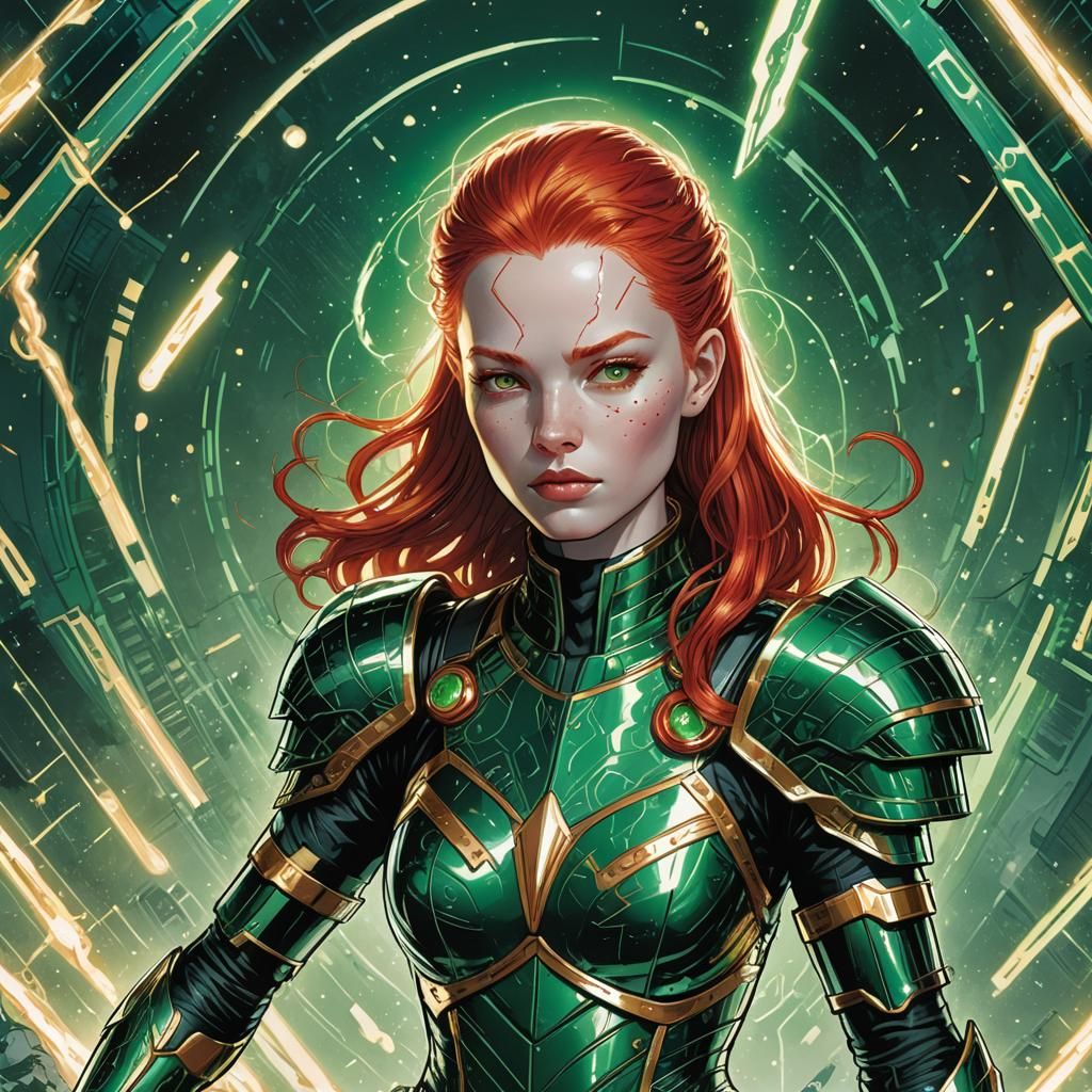 Albino Girl in Emerald Armor Comic Book Art