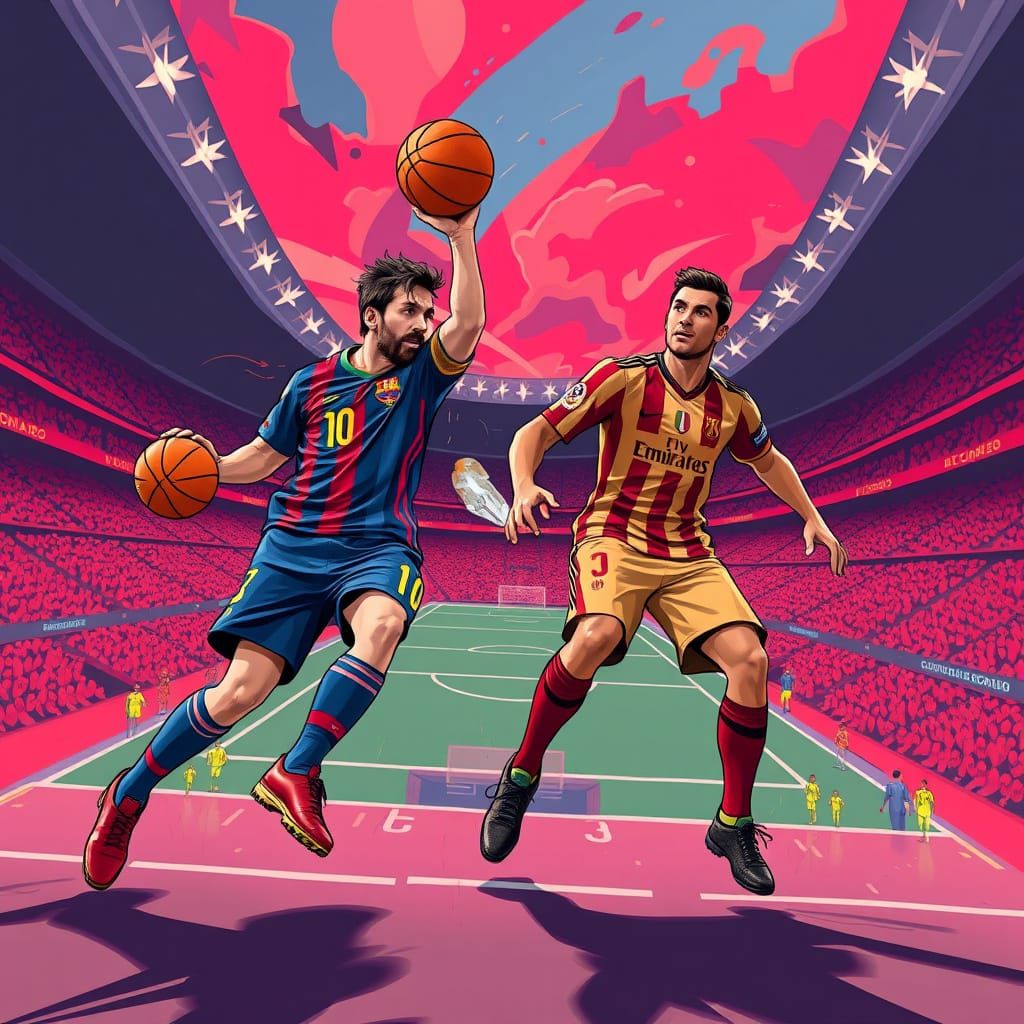 Messi and Ronaldo Play Basketball: Digital Art