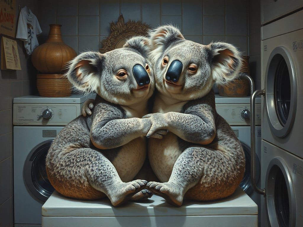Koalas in Love at the Launderette: Beryl Cook Style