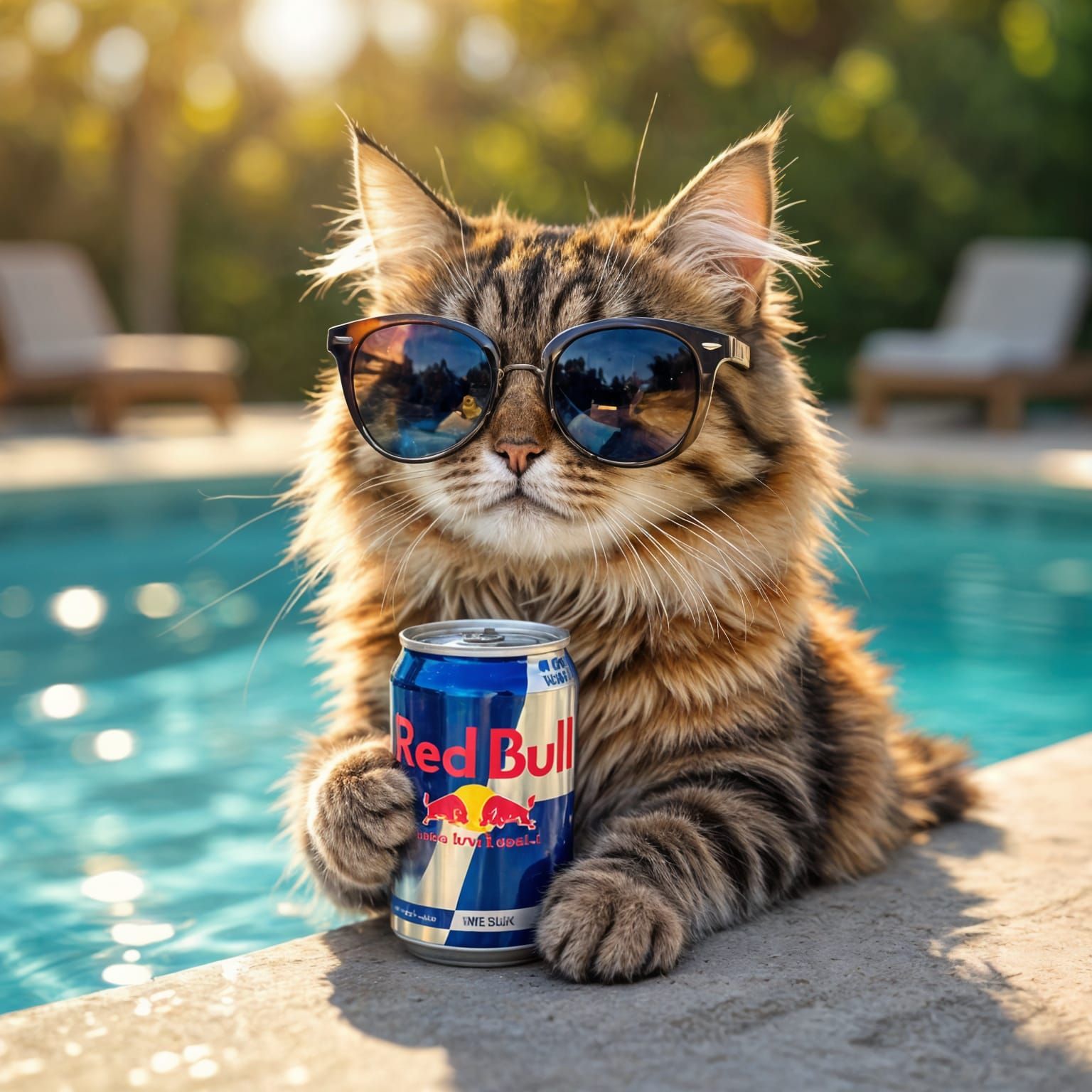 Fluffy Cat in Sunglasses with Red Bull by Pool