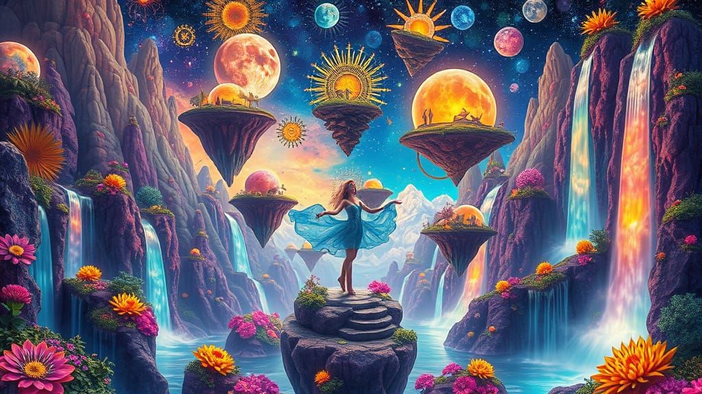 Surreal Utopia: Celestial Dance in Bioluminescent Landscape