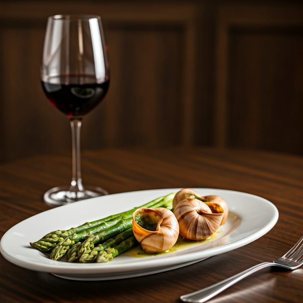 Escargot and Asparagus in French Restaurant Setting