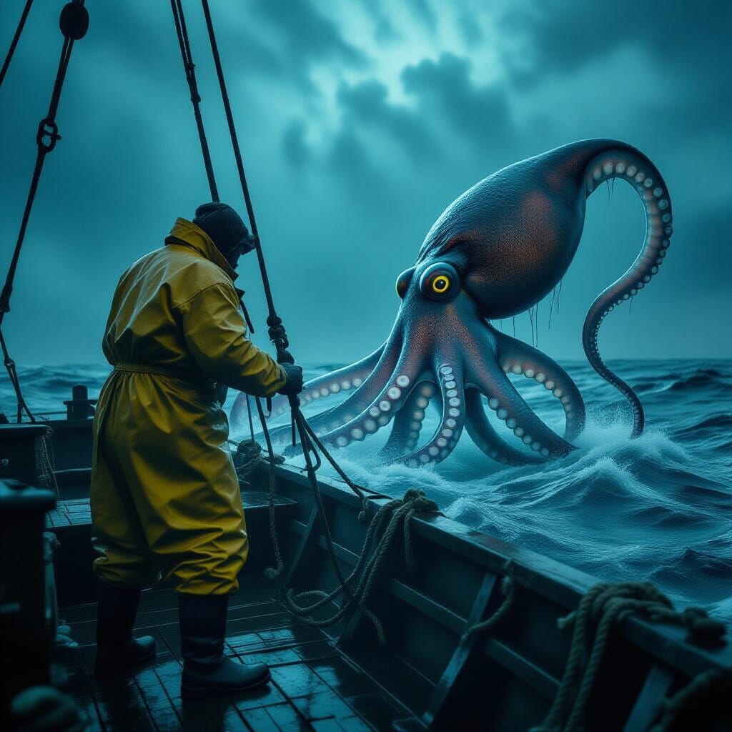 Epic Fisherman Battles Bioluminescent Squid in Storm