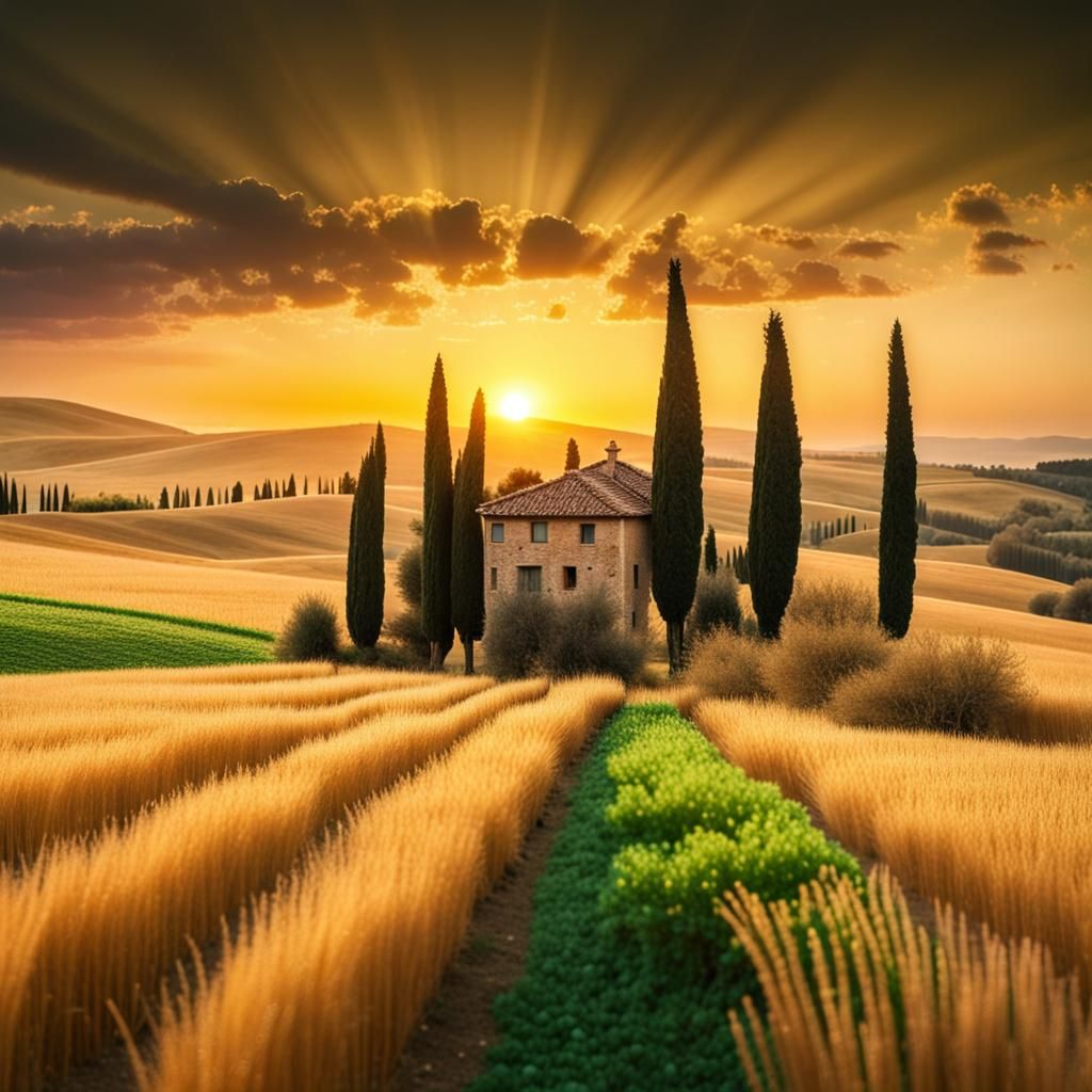 Surreal Tuscan Sunset Scene Made of Glittering Gems and Emer...