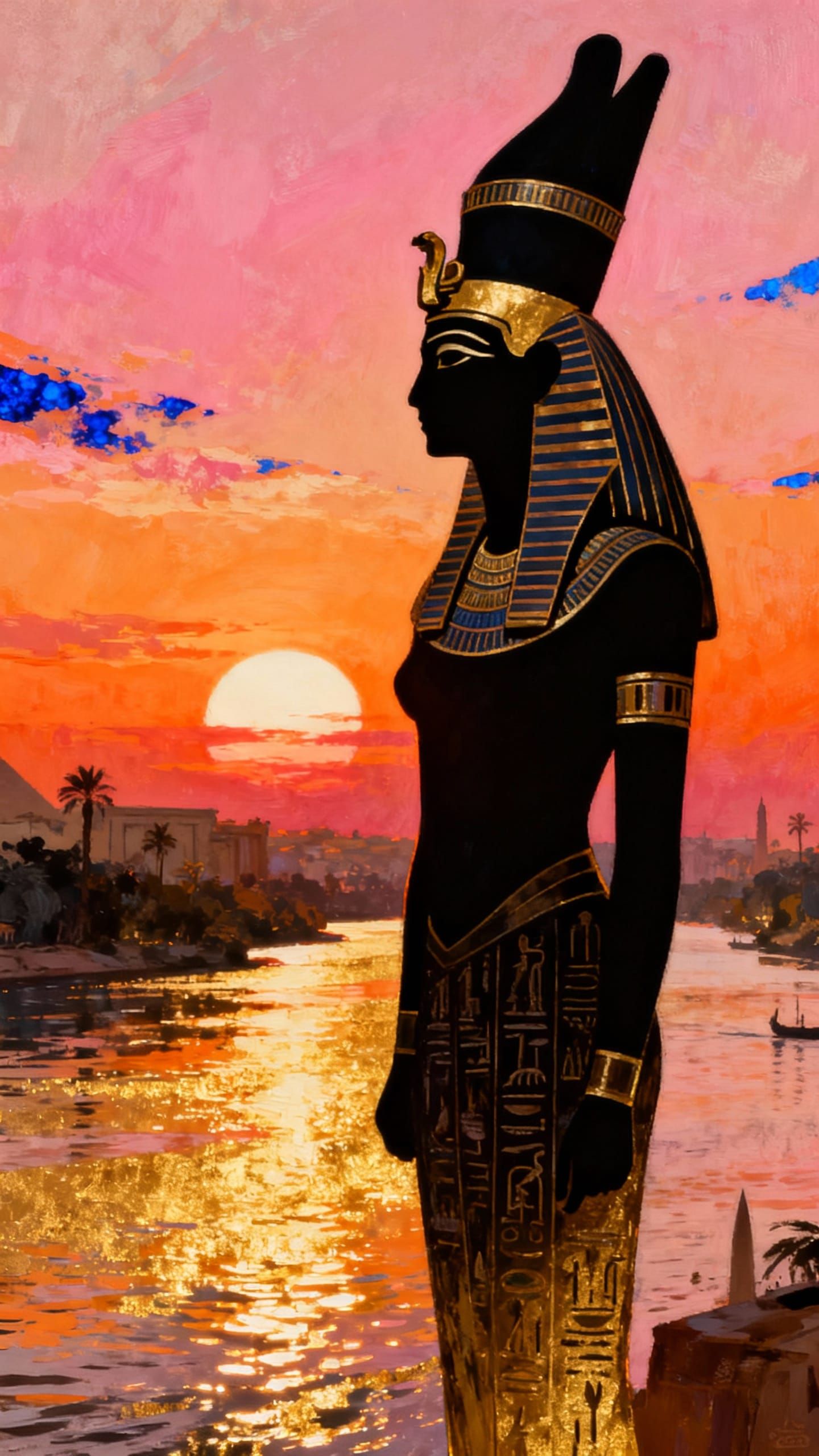 Egyptian Goddess Silhouette at Sunset in Art Deco Style