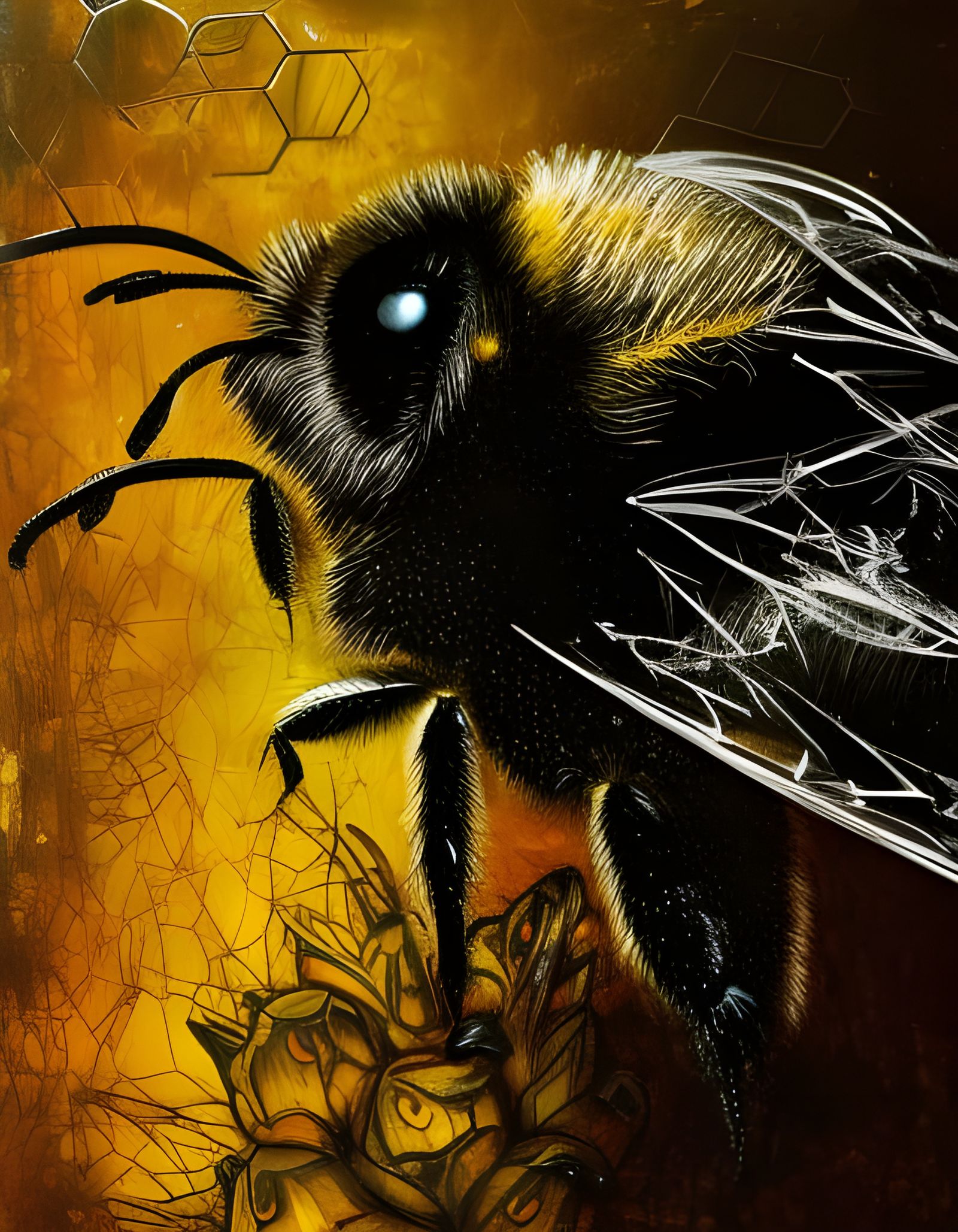 Bumblebee in Crown with Honeycomb, Oil Painting Style
