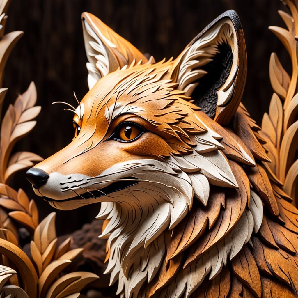 Intricately Carved Wooden Fox in Folk Art Style