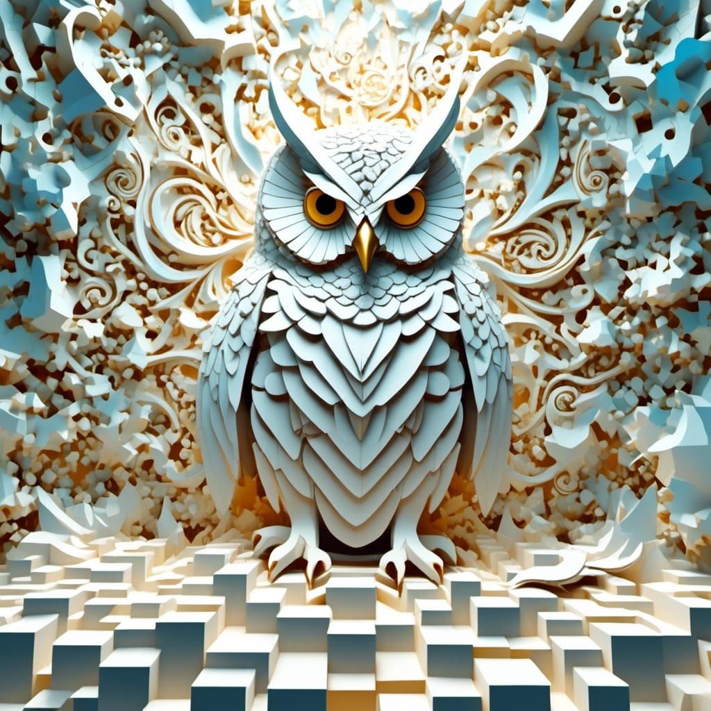 Sugary Cube Owl in Escher-Inspired Digital Art