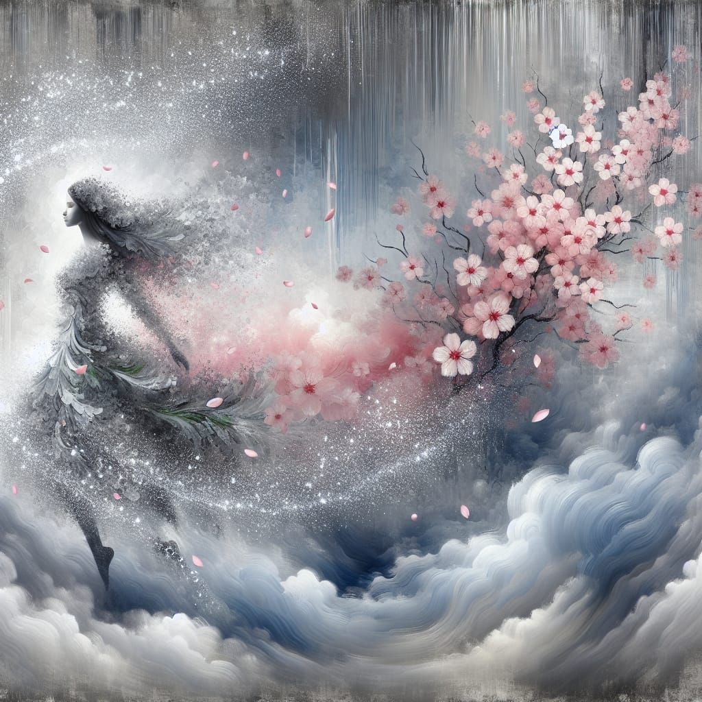 Cherry Blossom Woman in Silver Glimmering Landscape