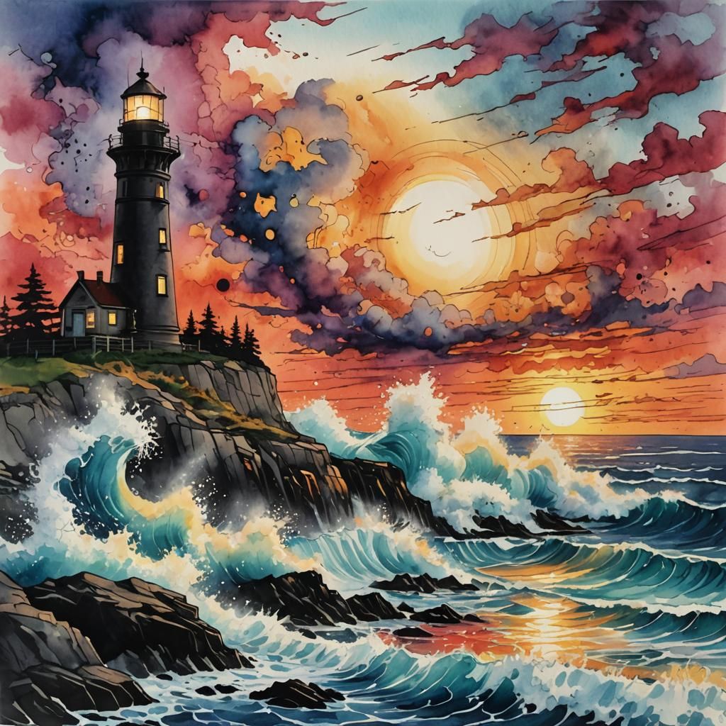 Lighthouse Sunset in Ink Art Style