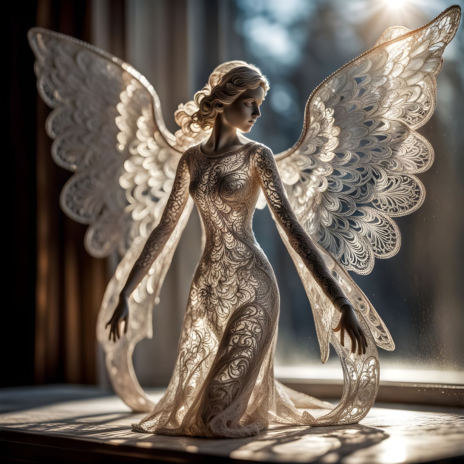 Glass Angel Sculpture with Sparkling Lace