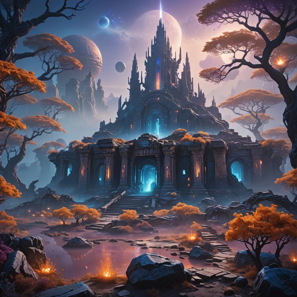 Mystical Alien Ruins on Misty Planet in Cosmic Fantasy
